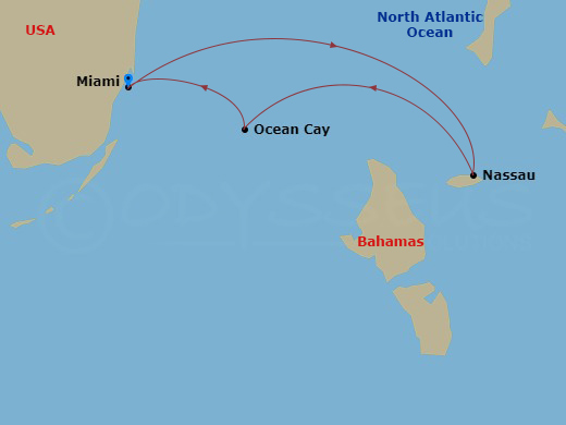 7 Night - Caribbean and Antilles - MSC Seaside - Starting in Miami, Florida, Nassau, Bahamas, Ocean Cay Msc Marine Reserve, Bahamas, Miami, Florida, Nassau, Bahamas, Ocean Cay Msc Marine Reserve, Bahamas, Miami, Florida itinerary map