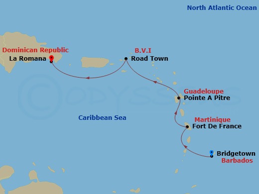 4 Night - South Caribbean - MSC Opera - Starting in Bridgetown, Barbados, Fort-de-France, Martinique, Pointe-A-Pitre, Guadeloupe, Road Town (Tortola), British Virgin Islands, La Romana, Dominican Republic itinerary map