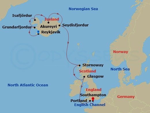 10 Night - Icelandic Fjords & Scottish Isles - Regal Princess - Starting in Reykjavik, Iceland, Grundarfjordur, Iceland, Isafjordur, Iceland, Akureyri, Iceland, Seydisfjordur, Iceland, Stornoway, Scotland, Glasgow (Greenock), Scotland, Portland UK, Southampton (for London), England itinerary map