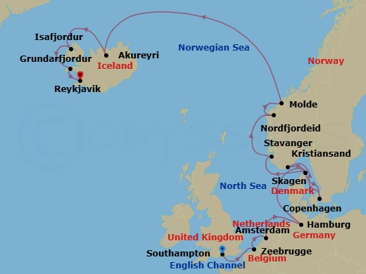 17 Night - North Sea & Viking Fjords - Regal Princess - Starting in Southampton (for London), England, Zeebrugge (for Brussels / Bruges), Belgium, Amsterdam, Netherlands, Hamburg, Germany (for Berlin), Skagen, Denmark, Copenhagen, Denmark, Kristiansand, Norway, Skagen, Denmark, Stavanger, Norway, Nordfjordeid, Norway, Molde, Norway, Akureyri, Iceland, Isafjordur, Iceland, Grundarfjordur, Iceland, Reykjavik, Iceland itinerary map
