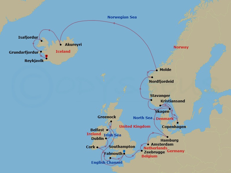 25 Night - British Isles & Viking Fjords Explorer - Regal Princess - Starting in Southampton (for London), England, Cornwall (Falmouth), England, Cork, Ireland (Cobh / for Blarney Castle), Dublin (Dun Laoghaire), Ireland, Belfast, Northern Ireland, Glasgow (Greenock), Scotland, Southampton (for London), England, Zeebrugge (for Brussels / Bruges), Belgium, Amsterdam, Netherlands, Hamburg, Germany (for Berlin), Skagen, Denmark, Copenhagen, Denmark, Kristiansand, Norway, Skagen, Denmark, Stavanger, Norway, Nordfjordeid, Norway, Molde, Norway, Akureyri, Iceland, Isafjordur, Iceland, Grundarfjordur, Iceland, Reykjavik, Iceland itinerary map