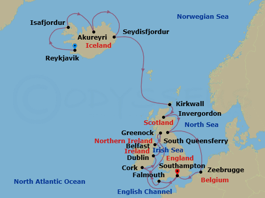 18 Night - Icelandic Fjords & Scottish Highlands Adventure - Regal Princess - Starting in Reykjavik, Iceland, Isafjordur, Iceland, Akureyri, Iceland, Seydisfjordur, Iceland, Orkney Islands (Kirkwall), Scotland, Invergordon, Scotland, Edinburgh (South Queensferry), Scotland, Zeebrugge (for Brussels / Bruges), Belgium, Southampton (for London), England, Cornwall (Falmouth), England, Cork, Ireland (Cobh / for Blarney Castle), Dublin (Dun Laoghaire), Ireland, Belfast, Northern Ireland, Glasgow (Greenock), Scotland, Southampton (for London), England itinerary map
