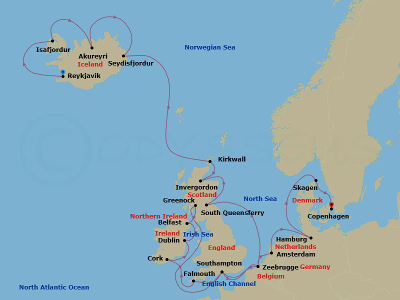 25 Night - British Isles & Icelandic Fjords Explorer - Regal Princess - Starting in Reykjavik, Iceland, Isafjordur, Iceland, Akureyri, Iceland, Seydisfjordur, Iceland, Orkney Islands (Kirkwall), Scotland, Invergordon, Scotland, Edinburgh (South Queensferry), Scotland, Zeebrugge (for Brussels / Bruges), Belgium, Southampton (for London), England, Cornwall (Falmouth), England, Cork, Ireland (Cobh / for Blarney Castle), Dublin (Dun Laoghaire), Ireland, Belfast, Northern Ireland, Glasgow (Greenock), Scotland, Southampton (for London), England, Zeebrugge (for Brussels / Bruges), Belgium, Amsterdam, Netherlands, Hamburg, Germany (for Berlin), Skagen, Denmark, Copenhagen, Denmark itinerary map