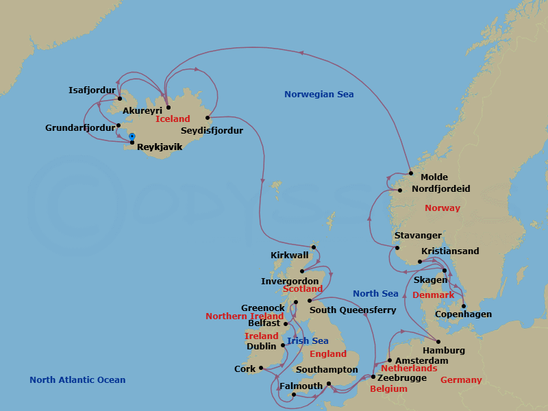 35 Night - Iceland, Norway & British Isles Explorer - Regal Princess - Starting in Reykjavik, Iceland, Isafjordur, Iceland, Akureyri, Iceland, Seydisfjordur, Iceland, Orkney Islands (Kirkwall), Scotland, Invergordon, Scotland, Edinburgh (South Queensferry), Scotland, Zeebrugge (for Brussels / Bruges), Belgium, Southampton (for London), England, Cornwall (Falmouth), England, Cork, Ireland (Cobh / for Blarney Castle), Dublin (Dun Laoghaire), Ireland, Belfast, Northern Ireland, Glasgow (Greenock), Scotland, Southampton (for London), England, Zeebrugge (for Brussels / Bruges), Belgium, Amsterdam, Netherlands, Hamburg, Germany (for Berlin), Skagen, Denmark, Copenhagen, Denmark, Kristiansand, Norway, Skagen, Denmark, Stavanger, Norway, Nordfjordeid, Norway, Molde, Norway, Akureyri, Iceland, Isafjordur, Iceland, Grundarfjordur, Iceland, Reykjavik, Iceland itinerary map