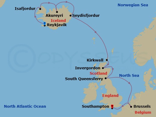 10 Night - Icelandic Fjords & Scottish Isles - Regal Princess - Starting in Reykjavik, Iceland, Isafjordur, Iceland, Akureyri, Iceland, Seydisfjordur, Iceland, Orkney Islands (Kirkwall), Scotland, Invergordon, Scotland, Edinburgh (South Queensferry), Scotland, Zeebrugge (for Brussels / Bruges), Belgium, Southampton (for London), England itinerary map