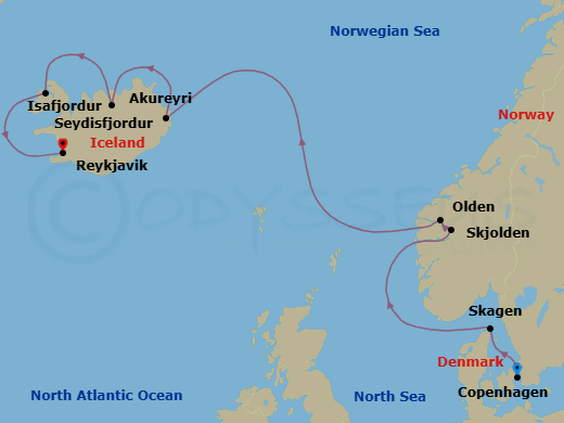 9 Night - Norwegian & Icelandic Fjords - Regal Princess - Starting in Copenhagen, Denmark, Skagen, Denmark, Hardangerfjord (Scenic Cruising), Norway, Skjolden / Sognefjord, Norway, Olden, Norway, Seydisfjordur, Iceland, Akureyri, Iceland, Isafjordur, Iceland, Reykjavik, Iceland itinerary map