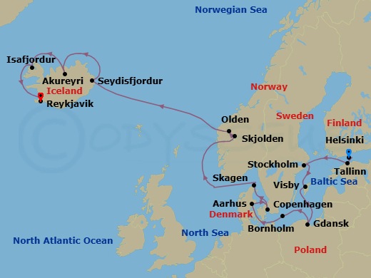17 Night - Scandinavia, Norway & Iceland Adventure - Regal Princess - Starting in Helsinki, Finland, Tallinn, Estonia, Stockholm, Sweden, Visby, Sweden, Gdansk (Gdynia), Poland, Bornholm, Denmark, Aarhus, Denmark, Copenhagen, Denmark, Skagen, Denmark, Hardangerfjord (Scenic Cruising), Norway, Skjolden / Sognefjord, Norway, Olden, Norway, Seydisfjordur, Iceland, Akureyri, Iceland, Isafjordur, Iceland, Reykjavik, Iceland itinerary map