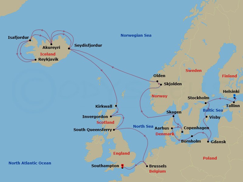 27 Night - Scandinavia & Viking Fjords Explorer - Regal Princess - Starting in Helsinki, Finland, Tallinn, Estonia, Stockholm, Sweden, Visby, Sweden, Gdansk (Gdynia), Poland, Bornholm, Denmark, Aarhus, Denmark, Copenhagen, Denmark, Skagen, Denmark, Hardangerfjord (Scenic Cruising), Norway, Skjolden / Sognefjord, Norway, Olden, Norway, Seydisfjordur, Iceland, Akureyri, Iceland, Isafjordur, Iceland, Reykjavik, Iceland, Isafjordur, Iceland, Akureyri, Iceland, Seydisfjordur, Iceland, Orkney Islands (Kirkwall), Scotland, Invergordon, Scotland, Edinburgh (South Queensferry), Scotland, Zeebrugge (for Brussels / Bruges), Belgium, Southampton (for London), England itinerary map