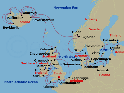 35 Night - Scandinavia, Iceland & British Isles Explorer - Regal Princess - Starting in Helsinki, Finland, Tallinn, Estonia, Stockholm, Sweden, Visby, Sweden, Gdansk (Gdynia), Poland, Bornholm, Denmark, Aarhus, Denmark, Copenhagen, Denmark, Skagen, Denmark, Hardangerfjord (Scenic Cruising), Norway, Skjolden / Sognefjord, Norway, Olden, Norway, Seydisfjordur, Iceland, Akureyri, Iceland, Isafjordur, Iceland, Reykjavik, Iceland, Isafjordur, Iceland, Akureyri, Iceland, Seydisfjordur, Iceland, Orkney Islands (Kirkwall), Scotland, Invergordon, Scotland, Edinburgh (South Queensferry), Scotland, Zeebrugge (for Brussels / Bruges), Belgium, Southampton (for London), England, Cornwall (Falmouth), England, Cork, Ireland (Cobh / for Blarney Castle), Dublin (Dun Laoghaire), Ireland, Belfast, Northern Ireland, Glasgow (Greenock), Scotland, Southampton (for London), England itinerary map