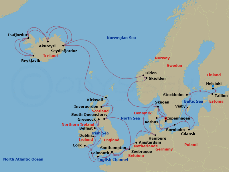 42 Night - Northern Europe Explorer - Regal Princess - Starting in Helsinki, Finland, Tallinn, Estonia, Stockholm, Sweden, Visby, Sweden, Gdansk (Gdynia), Poland, Bornholm, Denmark, Aarhus, Denmark, Copenhagen, Denmark, Skagen, Denmark, Hardangerfjord (Scenic Cruising), Norway, Skjolden / Sognefjord, Norway, Olden, Norway, Seydisfjordur, Iceland, Akureyri, Iceland, Isafjordur, Iceland, Reykjavik, Iceland, Isafjordur, Iceland, Akureyri, Iceland, Seydisfjordur, Iceland, Orkney Islands (Kirkwall), Scotland, Invergordon, Scotland, Edinburgh (South Queensferry), Scotland, Zeebrugge (for Brussels / Bruges), Belgium, Southampton (for London), England, Cornwall (Falmouth), England, Cork, Ireland (Cobh / for Blarney Castle), Dublin (Dun Laoghaire), Ireland, Belfast, Northern Ireland, Glasgow (Greenock), Scotland, Southampton (for London), England, Zeebrugge (for Brussels / Bruges), Belgium, Amsterdam, Netherlands, Hamburg, Germany (for Berlin), Skagen, Denmark, Copenhagen, Denmark itinerary map
