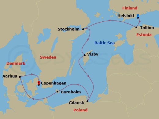 8 Night - Baltic Adventurer - Regal Princess - Starting in Helsinki, Finland, Tallinn, Estonia, Stockholm, Sweden, Visby, Sweden, Gdansk (Gdynia), Poland, Bornholm, Denmark, Aarhus, Denmark, Copenhagen, Denmark itinerary map