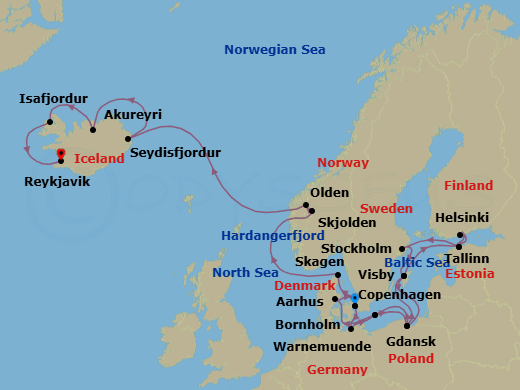 24 Night - Scandinavia & Viking Fjords Explorer - Regal Princess - Starting in Copenhagen, Denmark, Warnemunde (for Berlin), Germany, Bornholm, Denmark, Gdansk (Gdynia), Poland, Visby, Sweden, Tallinn, Estonia, Helsinki, Finland, Tallinn, Estonia, Stockholm, Sweden, Visby, Sweden, Gdansk (Gdynia), Poland, Bornholm, Denmark, Aarhus, Denmark, Copenhagen, Denmark, Skagen, Denmark, Hardangerfjord (Scenic Cruising), Norway, Skjolden / Sognefjord, Norway, Olden, Norway, Seydisfjordur, Iceland, Akureyri, Iceland, Isafjordur, Iceland, Reykjavik, Iceland itinerary map