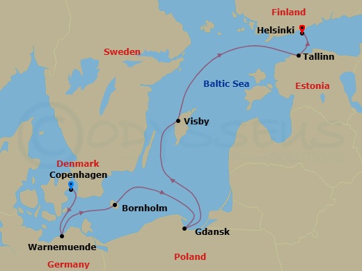 7 Night - Baltic Treasures - Regal Princess - Starting in Copenhagen, Denmark, Warnemunde (for Berlin), Germany, Bornholm, Denmark, Gdansk (Gdynia), Poland, Visby, Sweden, Tallinn, Estonia, Helsinki, Finland itinerary map