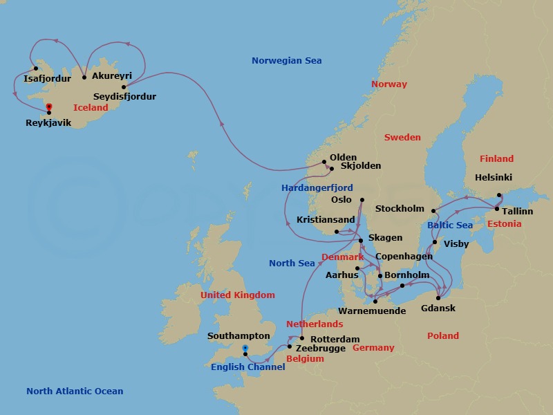 31 Night - Scandinavia & Viking Fjords Explorer - Regal Princess - Starting in Southampton (for London), England, Zeebrugge (for Brussels / Bruges), Belgium, Rotterdam, the Netherlands, Oslo, Norway, Kristiansand, Norway, Skagen, Denmark, Copenhagen, Denmark, Warnemunde (for Berlin), Germany, Bornholm, Denmark, Gdansk (Gdynia), Poland, Visby, Sweden, Tallinn, Estonia, Helsinki, Finland, Tallinn, Estonia, Stockholm, Sweden, Visby, Sweden, Gdansk (Gdynia), Poland, Bornholm, Denmark, Aarhus, Denmark, Copenhagen, Denmark, Skagen, Denmark, Hardangerfjord (Scenic Cruising), Norway, Skjolden / Sognefjord, Norway, Olden, Norway, Seydisfjordur, Iceland, Akureyri, Iceland, Isafjordur, Iceland, Reykjavik, Iceland itinerary map