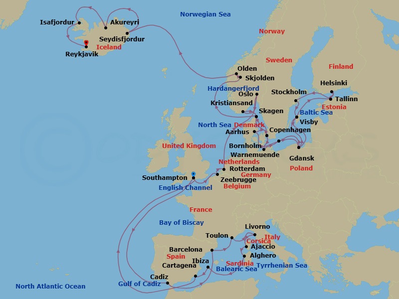46 Night - Viking North & Mediterranean Explorer - Regal Princess - Starting in Southampton (for London), England, Seville (Cadiz), Spain, Barcelona, Spain, Toulon / Provence (La Seyne), France, Livorno (for Florence / Pisa), Italy, Corsica (Ajaccio), France, Sardinia (Alghero), Italy, Ibiza, Spain, Cartagena ES, Southampton (for London), England, Zeebrugge (for Brussels / Bruges), Belgium, Rotterdam, the Netherlands, Oslo, Norway, Kristiansand, Norway, Skagen, Denmark, Copenhagen, Denmark, Warnemunde (for Berlin), Germany, Bornholm, Denmark, Gdansk (Gdynia), Poland, Visby, Sweden, Tallinn, Estonia, Helsinki, Finland, Tallinn, Estonia, Stockholm, Sweden, Visby, Sweden, Gdansk (Gdynia), Poland, Bornholm, Denmark, Aarhus, Denmark, Copenhagen, Denmark, Skagen, Denmark, Hardangerfjord (Scenic Cruising), Norway, Skjolden / Sognefjord, Norway, Olden, Norway, Seydisfjordur, Iceland, Akureyri, Iceland, Isafjordur, Iceland, Reykjavik, Iceland itinerary map