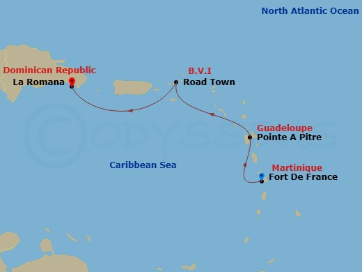 3 Night - South Caribbean - MSC Opera - Starting in Fort-de-France, Martinique, Pointe-A-Pitre, Guadeloupe, Road Town (Tortola), British Virgin Islands, La Romana, Dominican Republic itinerary map