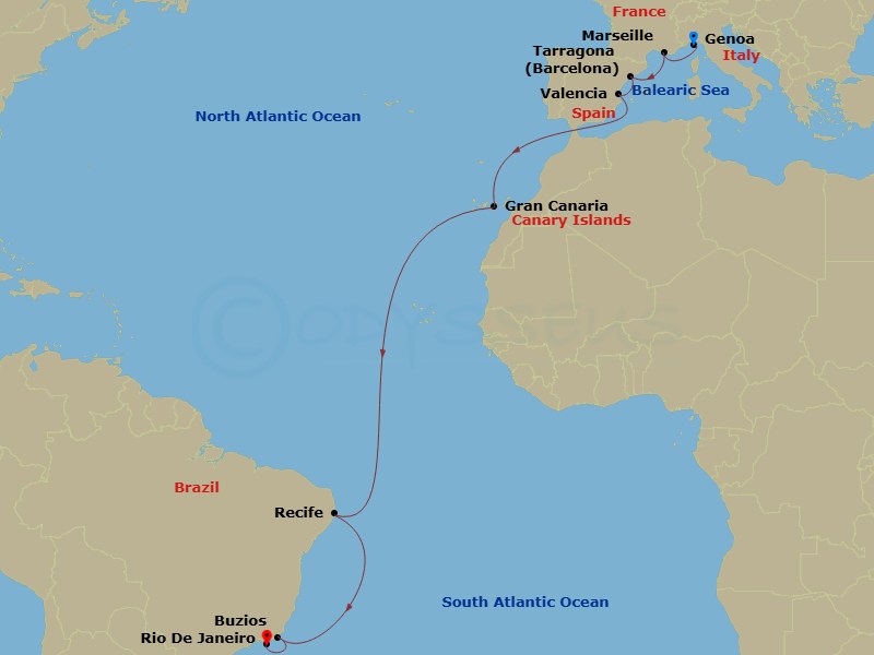 17 Night - Msc Grand Voyages - MSC Sinfonia - Starting in Genoa (Portofino), Italy, Marseille (Provence), France, Tarragona, Spain, Valencia, Spain, Las Palmas de Gran Canaria (Canary Islands), Spain, Recife, Brazil, Buzios, Brazil, Rio De Janeiro, Brazil itinerary map