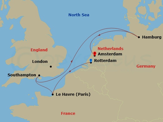 6 Night - Northern Europe - MSC Preziosa - Starting in Rotterdam (Amsterdam), Netherlands, Le Havre (Paris), France, Southampton (London), United Kingdom, Hamburg, Germany, Amsterdam, Netherlands itinerary map