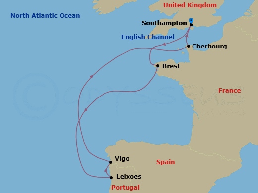 7 Night - Northern Europe - MSC Meraviglia - Starting in Southampton (London), United Kingdom, Brest, France, Leixoes (Porto), Portugal, Vigo (Santiago De Compostela), Spain, Cherbourg (Mont Saint-Michel), France, Southampton (London), United Kingdom itinerary map