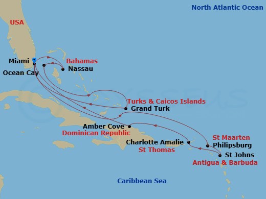 14 Night - Caribbean and Antilles - MSC Meraviglia - Starting in Miami, Florida, Philipsburg, Saint Martin, St Johns AG, Antigua, Charlotte Amalie (St Thomas) Virgin Islands, Amber Cove, Dominican Republic, Miami, Florida, Grand Turk Island, Turks and Caicos, Ocean Cay Msc Marine Reserve, Bahamas, Nassau, Bahamas, Miami, Florida itinerary map