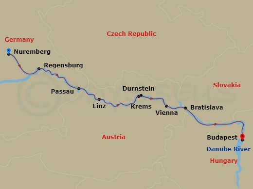 9 Night - A Taste of the Danube - a Culinary Cruise - Scenic Crystal - Starting in Nuremberg, Regensburg, Passau, Linz, Durnstein / Krems, Vienna, Vienna / Bratislava, Budapest itinerary map