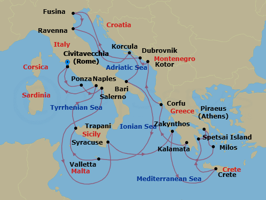 24 Night - Europe & Mediterranean - Crystal Symphony - Starting in Civitavecchia (Rome), Ponza, Salerno, Siracusa (Sicily), Zakynthos, Souda Bay (Crete), Spetses, Athens (Piraeus), Milos, Kalamata, Corfu, Kotor, Dubrovnik, Croatia, Fusina (Venice), Ravenna, Korcula, Bari, Valletta, Trapani, Naples, Civitavecchia (Rome) itinerary map