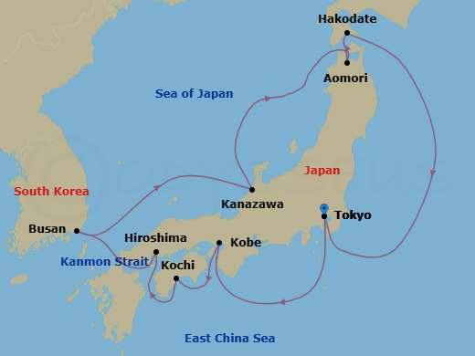 14 Night - Tokyo to Tokyo - Silver Moon - Starting in Tokyo, Kobe, Kochi, Hiroshima, Busan, Kanazawa, Aomori, Hakodate (Hokkaido), Tokyo itinerary map
