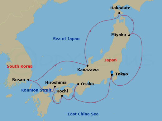 14 Night - Tokyo to Tokyo - Silver Moon - Starting in Tokyo, Osaka, Kochi, Hiroshima, Busan, Kanazawa, Hakodate (Hokkaido), Miyako, Iwate, Tokyo itinerary map