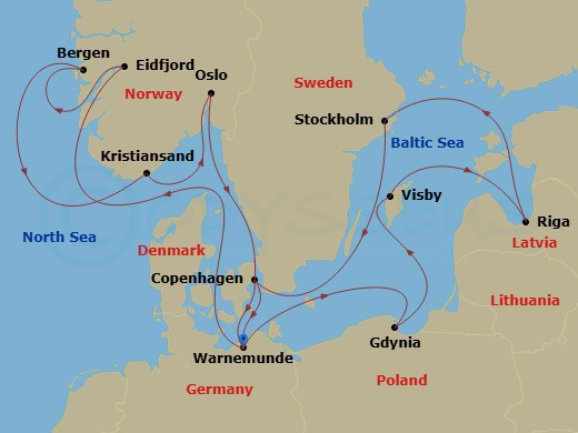 14 Night - Northern Europe - MSC Magnifica - Starting in Warnemunde (Berlin), Germany, Gdynia (Gdansk), Poland, Visby, Sweden, Riga, Latvia, Stockholm, Sweden, Copenhagen, Denmark, Warnemunde (Berlin), Germany, Eidfjord, Norway, Bergen, Norway, Kristiansand, Norway, Oslo, Norway, Copenhagen, Denmark, Warnemunde (Berlin), Germany itinerary map