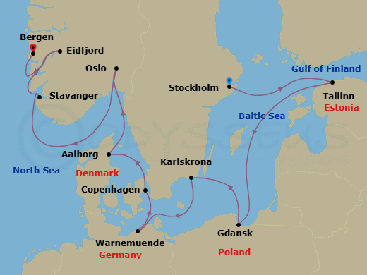 14 Night - Viking Homelands - Viking Sky - Starting in Stockholm, Tallinn, Sail the Baltic Sea, Gdansk, Karlskrona, Berlin (Warnemunde), Copenhagen, Alborg, Oslo, Stavanger, Eidfjord, Bergen itinerary map