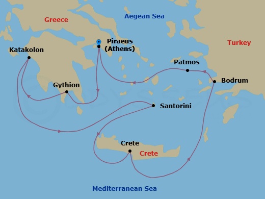 7 Night - Athens to Athens - Silver Nova - Starting in Athens (Piraeus), Gythion, Katakolon (Olympia), Santorini, Souda Bay (Crete), Bodrum, Patmos, Athens (Piraeus) itinerary map