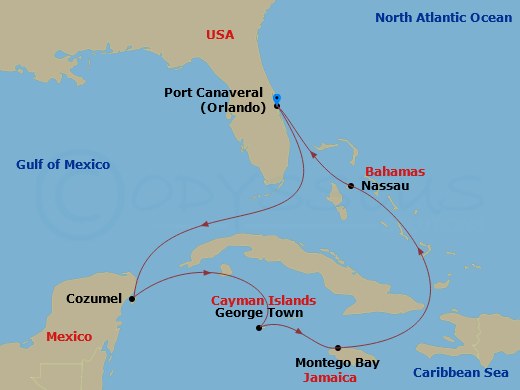 7 Night - Caribbean and Antilles - MSC Grandiosa - Starting in Port Canaveral (Orlando), Florida, Cozumel, Mexico, George Town, Cayman Islands, Montego Bay, Nassau, Bahamas, Port Canaveral (Orlando), Florida itinerary map