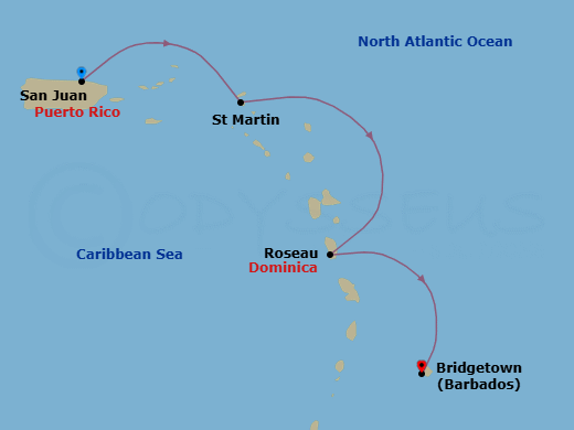 3 Night - The Americas & Caribbean - Crystal Symphony - Starting in San Juan, Marigot, St Martin, Roseau, Bridgetown itinerary map