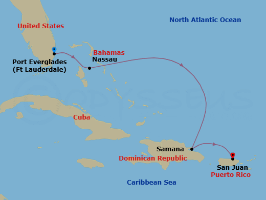 4 Night - The Americas & Caribbean - Crystal Serenity - Starting in Fort Lauderdale, Nassau (Paradise Island), Samana, San Juan itinerary map