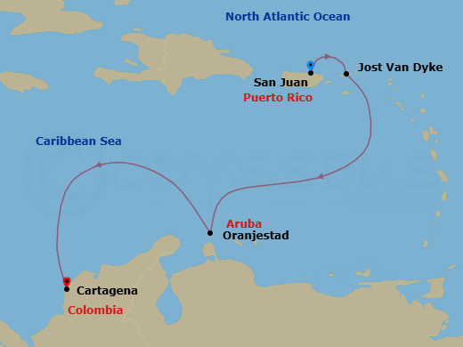 5 Night - The Americas & Caribbean - Crystal Serenity - Starting in San Juan, Jost Van Dyke, British Virgin Islands, Oranjestad, Aruba, Cartagena CO itinerary map