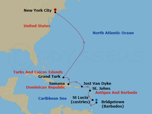 8 Night - The Americas & Caribbean - Crystal Symphony - Starting in Bridgetown, Castries, St Lucia, St Johns, Jost Van Dyke, British Virgin Islands, Samana, Grand Turk, New York itinerary map