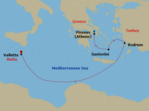 4 Night - Europe & Mediterranean - Crystal Serenity - Starting in Athens (Piraeus), Santorini, Bodrum, Valletta itinerary map