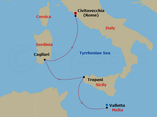3 Night - Europe & Mediterranean - Crystal Serenity - Starting in Valletta, Trapani, Cagliari (Sardinia), Civitavecchia (Rome) itinerary map
