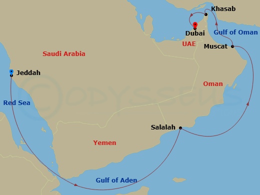 9 Night - A Journey from Legendary Heritage to Urban Innovation - EXPLORA II - Starting in Jeddah, Salalah, Muscat, Khasab, Dubai itinerary map