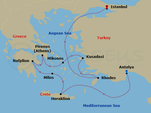 10 Night - A Journey of Ancient Civilisations & Striking Scenery - EXPLORA II - Starting in Antalya, Heraklion, Crete, Milos, Nafplion, Piraeus (Athens), Mykonos, Kusadasi, Rhodes, Istanbul itinerary map
