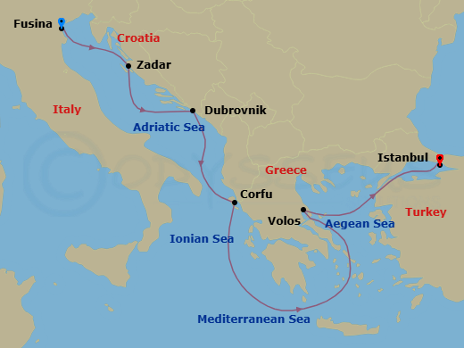 7 Night - A Journey from Time-Honed Enchantment to Shoreline Splendeur - EXPLORA II - Starting in Fusina (Venice), Zadar, Dubrovnik, Croatia, Corfu, Volos, Istanbul itinerary map