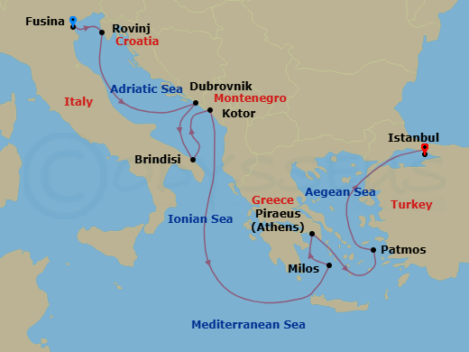 10 Night - A Journey of Venetian Charm & Chic Promenades - EXPLORA II - Starting in Fusina (Venice), Rovinj, Dubrovnik, Croatia, Brindisi, Kotor, Milos, Piraeus (Athens), Patmos, Istanbul itinerary map