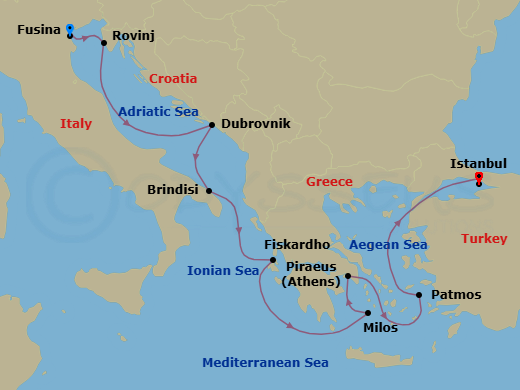 10 Night - A Journey of Cultural Marvels & Glittering Waters - EXPLORA II - Starting in Fusina (Venice), Rovinj, Dubrovnik, Croatia, Brindisi, Fiskardo (Cephalonia), Milos, Piraeus (Athens), Patmos, Istanbul itinerary map