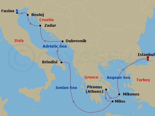 10 Night - A Journey Through Mosaic Landscapes & Enduring Legacies - EXPLORA II - Starting in Fusina (Venice), Rovinj, Zadar, Dubrovnik, Croatia, Brindisi, Milos, Piraeus (Athens), Mykonos, Istanbul itinerary map