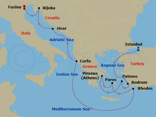 11 Night - A Journey of Sunlit Island Idylls & Timeless Cities - EXPLORA II - Starting in Istanbul, Bodrum, Patmos, Piraeus (Athens), Paros, Rhodes, Corfu, Hvar, Rijeka, Fusina (Venice) itinerary map
