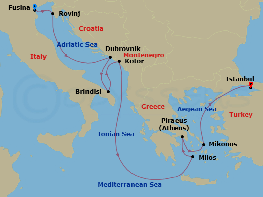 10 Night - A Journey from Adriatic Charms to Ottoman Grandeur - EXPLORA II - Starting in Fusina (Venice), Rovinj, Dubrovnik, Croatia, Brindisi, Kotor, Milos, Piraeus (Athens), Mykonos, Istanbul itinerary map