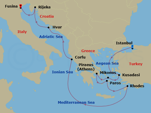 11 Night - A Journey of Enchanting Mediterranean Discovery & Cultural Depth - EXPLORA II - Starting in Istanbul, Kusadasi, Mykonos, Piraeus (Athens), Paros, Rhodes, Corfu, Hvar, Rijeka, Fusina (Venice) itinerary map