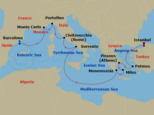 12 Night - A Journey of Discovery in Beguiling Nature & Colourful Idylls - EXPLORA II - Starting in Barcelona, Monte Carlo, Portofino, Civitavecchia (Rome), Sorrento, Monemvasia, Milos, Piraeus (Athens), Patmos, Istanbul itinerary map