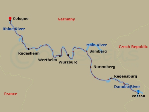 7 Night - Rhine & Danube Symphony - MS Amadeus Cara - Starting in Passau, Regensburg, Nuremberg, Bamberg, Wurzburg, Wertheim, Rudesheim, Cologne itinerary map