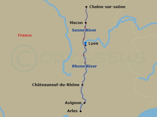 7 Night - Treasures of Burgundy and Provence : Rhone & Saone - MS Amadeus Provence - Starting in Lyon, Macon, Chalon-sur-Saone, Lyon, Avignon, Arles, Chateauneuf-du-Rhone, Lyon itinerary map